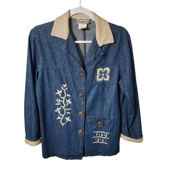 Vintage Saint Germain Paris Cotton Flax Embroidered Jean Jacket S Cottagecore - Picture 1 of 6